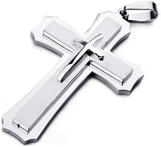 Mens Large Polished Stainless Steel Three Giant Cross Pendant Necklace Silver with 22 Inch Chain