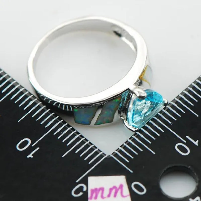 Aquamarine White  Opal 925 Sterling Silver Fashion Ring Size 6 7 8 9 10 R1293