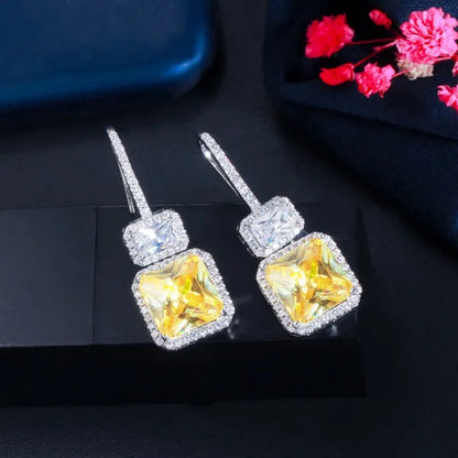 Gloriya Brilliant Sparkly Micro Cubic Zirconia Pave Citrine Square Drop Dangle Hook Earrings Jewelry for Women Fashion Accessory