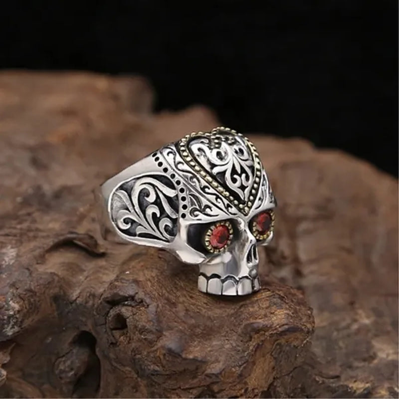 Retro Personality Silver & Gold Skull Ring Ruby Inlay Men'S Punk Jewelry
