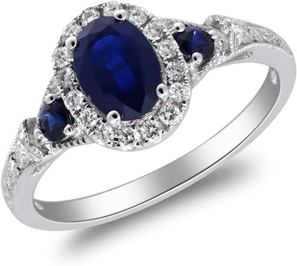 14K White Gold Genuine Blue Sapphire Ring with Diamonds for Women | Ethically, Authentically & Organically Sourced (Oval-Cut) Shaped Sapphire Hand-Crafted Jewelry for Her | Sapphire Ring for Women