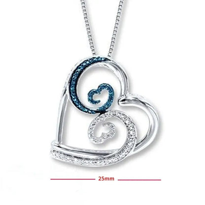 Women Necklace 925 Silver Inlay Diamond Sapphire Open Heart Pendant Necklace Lover Birthday Party Romantic Jewelry Gift