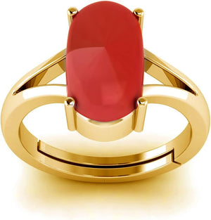 Natural Red Coral Moonga Certified Jewelry Gifts Ring 8.20 Carat Astrological Birthstone 22K Gold Plated Adjustable Ring for Men or Women