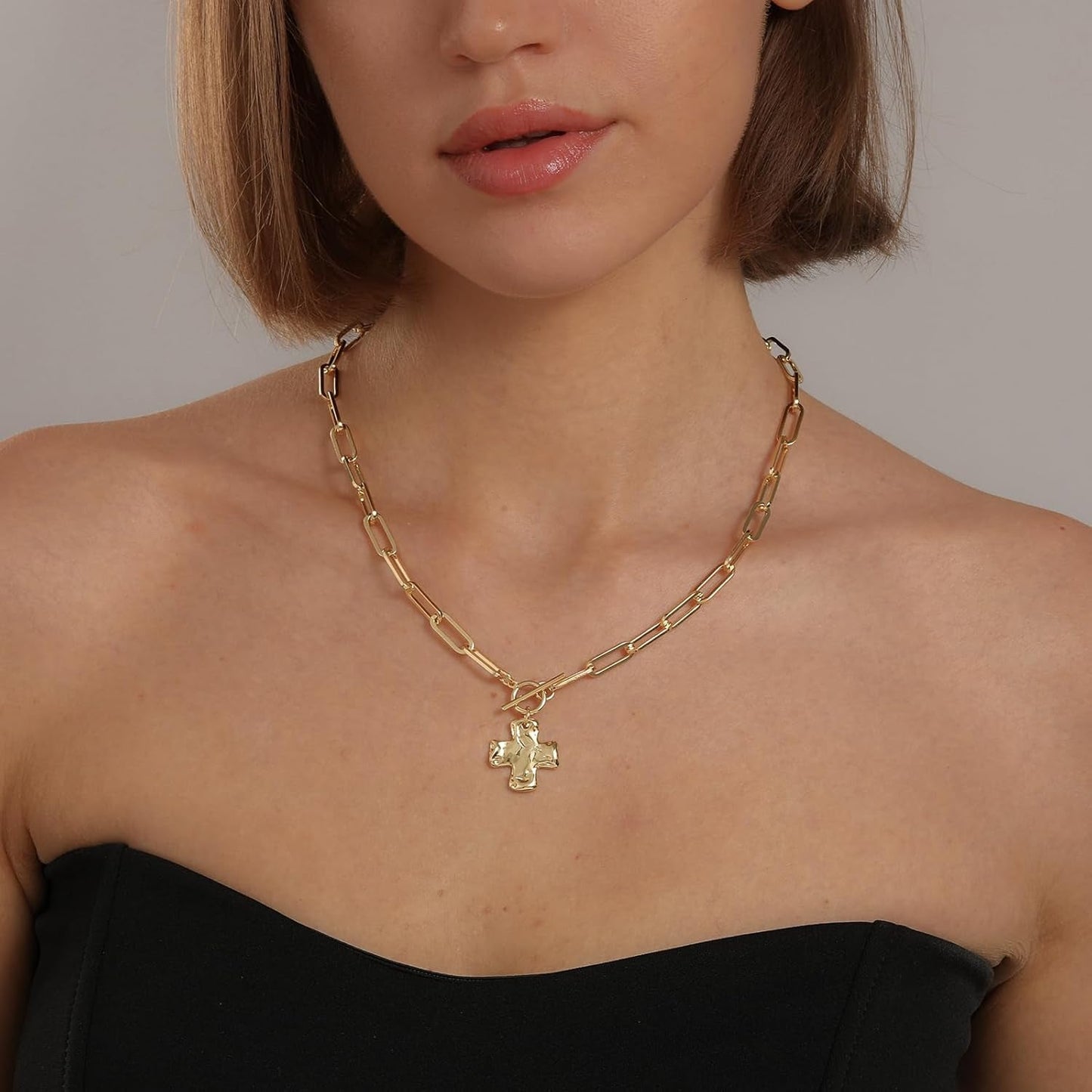 Chunky Cross Necklace for Women Trendy Gold Silver Layered Statement Cross Pendant Charm Necklace Vintage Paperclip Herringbone Snake Choker Chain Costume Jewelry Set Gift Non Tarnish