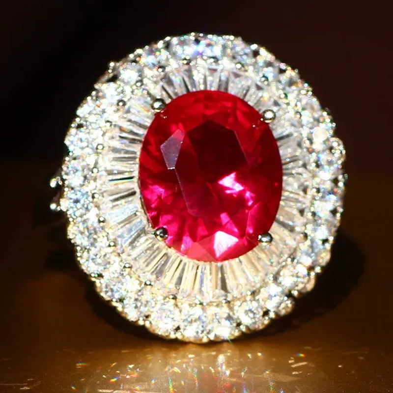 Luxurious  Silver Natural Gemstones Ruby And White Sapphire Wedding Birthstone Bride Engagement Multilevel Square Ring Jewelry Size 6 7 8 9 10