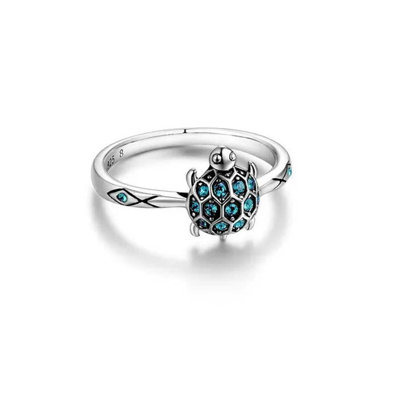 S925 Sterling Silver Lovely Turtle Sky Blue Clear Crystal Ring for Women'S Jewelry Best Gift For