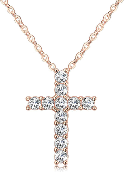 Cross Necklace for Girls Women 925 Sterling Silver 14K Gold Plated 5A Cubic Zirconia Womens Cross Jewelry Pendant, Birthday Valentine'S Day Baptism Christian Gifts for Her Wife (White/14K/Rose)