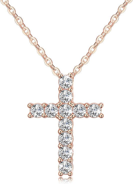 Cross Necklace for Girls Women 925 Sterling Silver 14K Gold Plated 5A Cubic Zirconia Womens Cross Jewelry Pendant, Birthday Valentine'S Day Baptism Christian Gifts for Her Wife (White/14K/Rose)