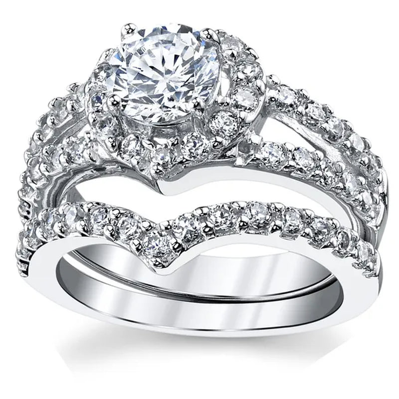 Women's Round Brilliant Cut Heart Shaped Sterling Silver 2-Pc Bridal Set Engagement Wedding Ring Bands Cubic Zirconia