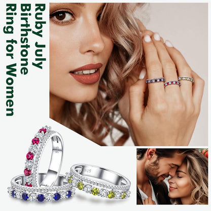 Women'S Half Eternity Band 5Mm Thick Double Band Ring Sterling Silver Gemstone Diamond Anniversary Ring Stackable Birthstone Rings Size 6-10 (With Gift Box)