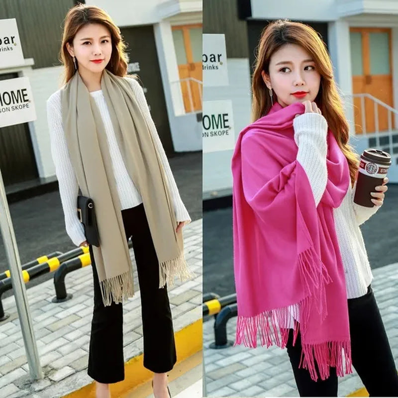 12 Colors Fashion Women Solid Color Simulated Cashmere Scarves with Tassel Lady Autumn Winter Keep Warm Thick Section Long Scarf Female Shawl  Christmas Gifts