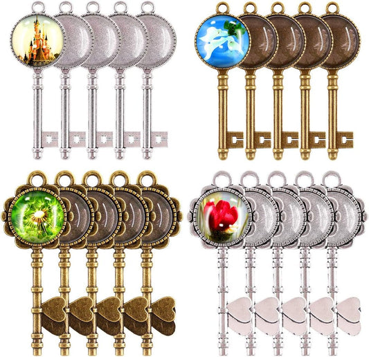 48-Pieces Vintage Pendant Trays Set, 24Pcs Skeleton Keys Pendant Trays with 24Pcs Bright Glass Dome Tiles Cabochon for DIY Wedding Party Gifts Jewelry Necklace Pendants Decoration