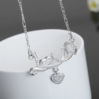 Pretty Women's 925 Sterling Silver Heart Beautiful LOVE Pendant Diamonds Necklace(with Chain)