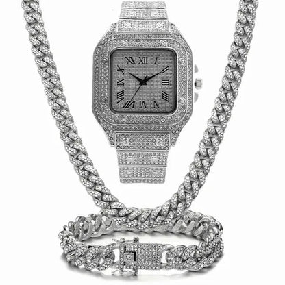 24K Gold / 925 Silver / Rose Gold Stainless Steel Hip Hop Jewelry Iced Out Diamond Thick Miami Cuban Link Chain Necklace Bracelet Watch for Men'S and Women'S Party Jewelry Set Nightclub Bar Fashion Accessories