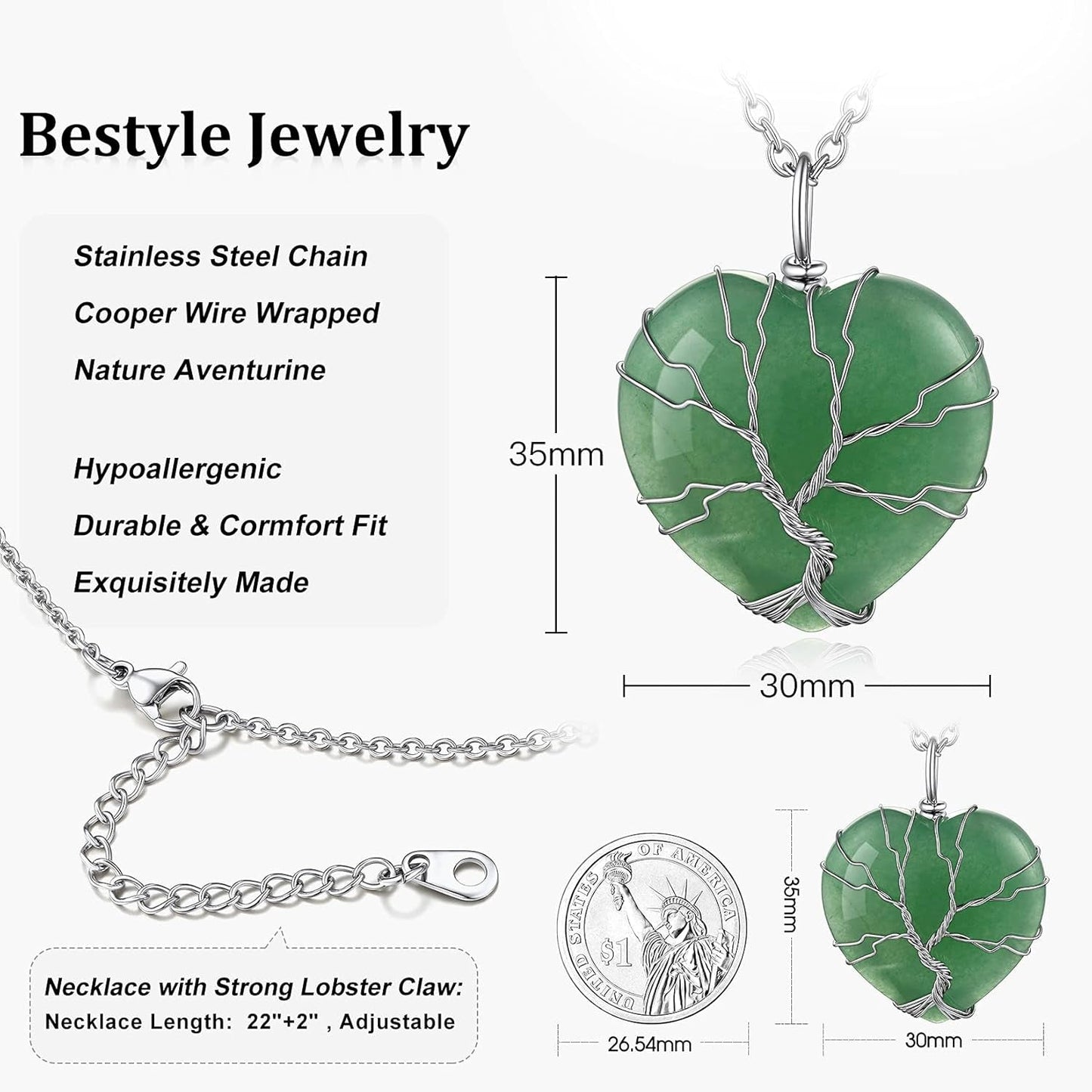 Tree of Life Wrapped Healing Crystal Necklaces 12 Month Birthstone Pendant for Women, Crescent/Heart Gemstone Jewelry, Vintage Birthday Gifts/Energy Gift