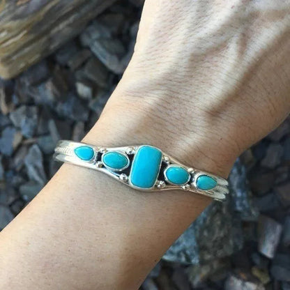 Women Vintage Jewelry Soild Sterling Natural Gemstone Turquoise Bracelet Adjustable Wedding Engagement Jewelry