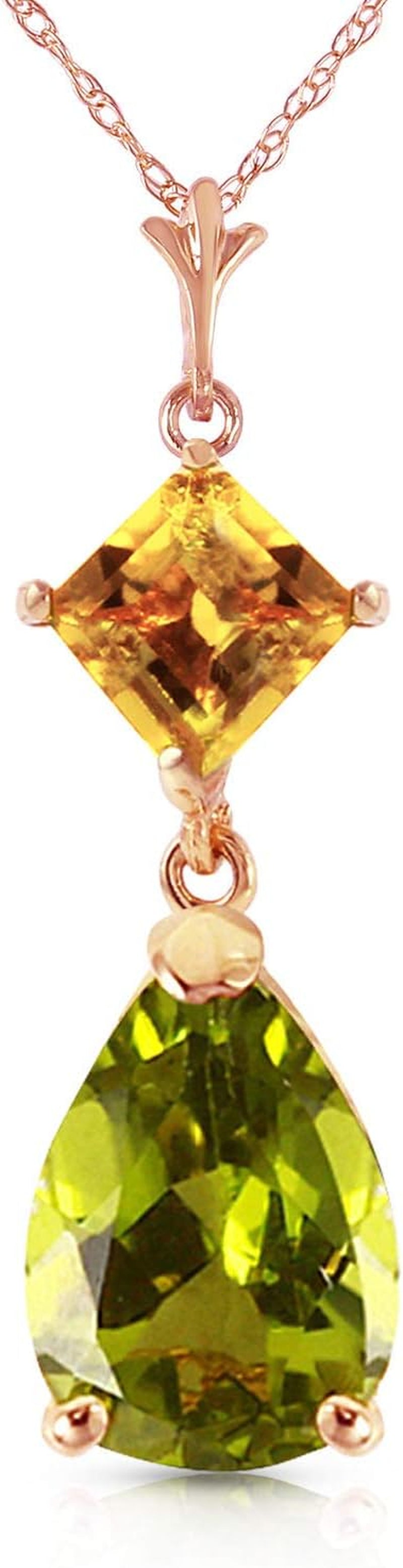 14K Yellow, White, Rose Gold Natural Citrine and Peridot Drop Pendant Necklace
