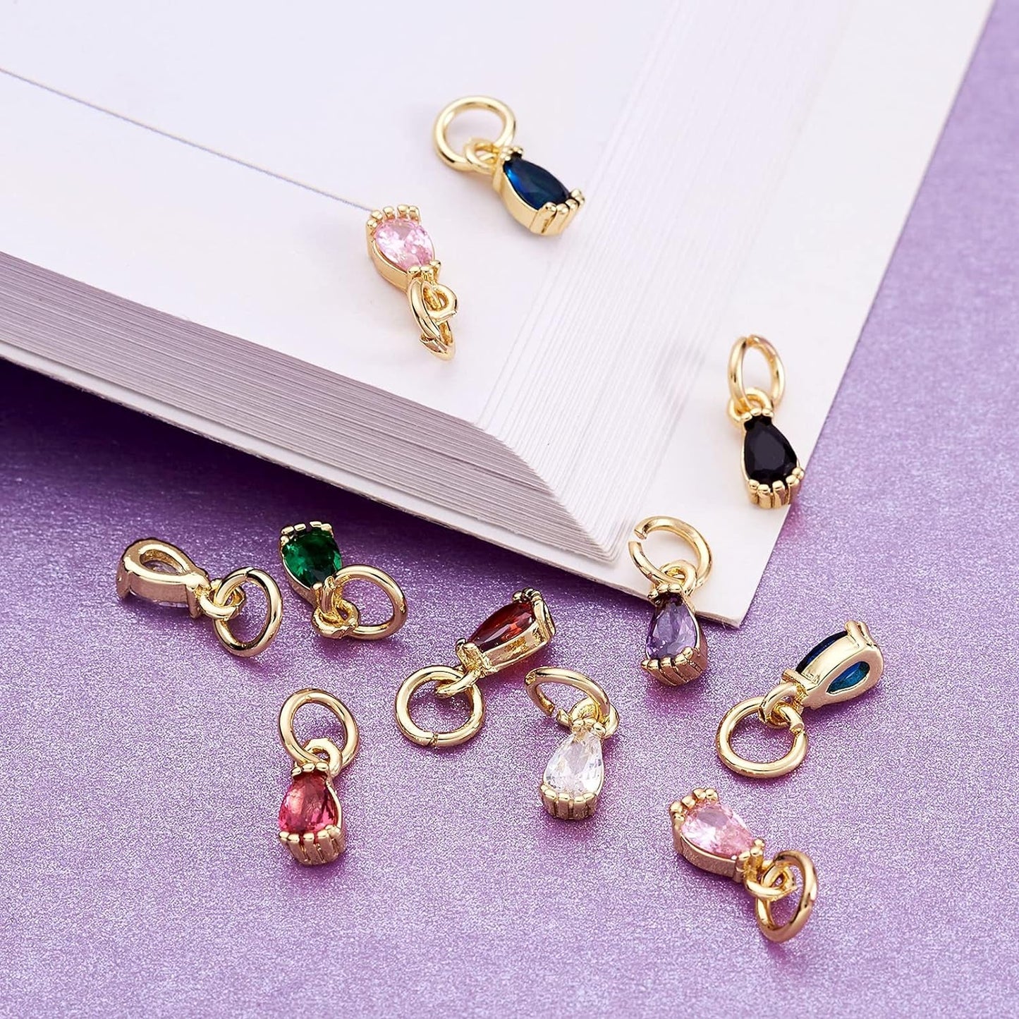 20Pcs Cubic Zirconia Mini Rhinestone Charms Brass Pave CZ Water Drop Extender End Charms Colorful 18K Gold Faceted Dangle Teardrop Birthstone Pendant Bulk with Loop for Jewelry Making 8X3Mm