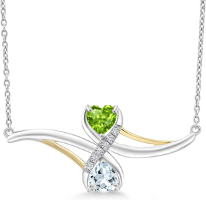 925 Sterling Silver and 10K Yellow Gold Green Peridot and Sky Blue Aquamarine Pendant Necklace for Women (0.98 Cttw, Gemstone Birthstone, with 18 Inch Chain)