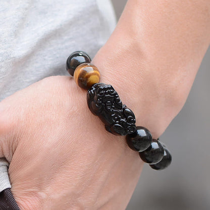 Beaded Bracelets,Protection Bracelets for Men Women，Feng Shui Bracelet Amulet Pixiu Black Vintage Bracelet Natural Black Obsidian Tiger Eye Beaded Chakra Balancing Bracelet Crystal Ward-Off Evil Spiri