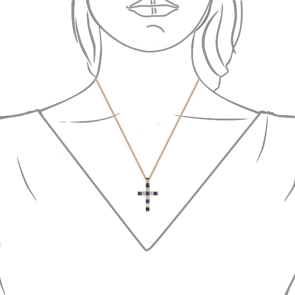 Petite Blue Sapphire & Natural Diamond (SI2-I1,G-H) Cross Pendant 0.34 Ctw 14K Gold. Included 16 Inches 14K Gold Chain.