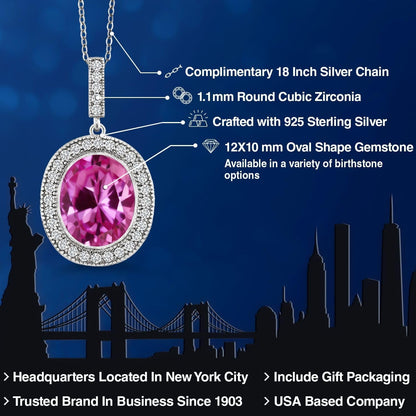 925 Sterling Silver Oval Gemstone Birthstone Halo Necklace for Women | Oval 12X10MM | Halo Pendant Necklace for Women | with 18 Inch Silver Chain