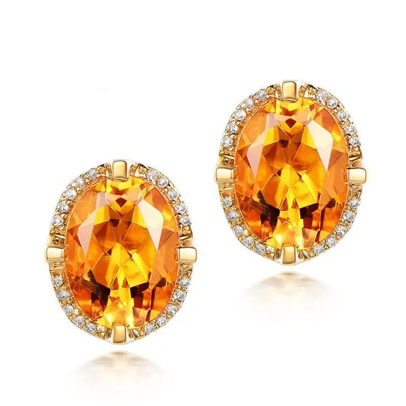 Simple 18K Golden Plated Copper Oval Citrine Jewelry Set Pendant Necklace Four Prong Adjustable Open Ring Micro Inlaid Cubic Zirconia Stud Earrings Flower Zircon Bracelet for Women Gifts Accessories