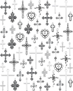 60 Pcs Antique Silver Cross Charms, Alloy Crucifix Pendant Connector for Bracelet Earrings Necklace Jewelry Making (15 Styles)