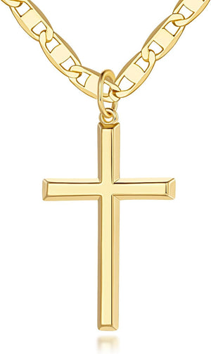 14K Gold Cross Necklace for Women Gold Cross Pendant Figaro Chain Mariner Masculine Appeal 19 INCH