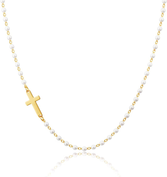 14K Gold Plated Cross Necklace for Women, Gold Pearl Necklace with Cross Pendant Dainty Cross Choker Necklace Trendy Faith Jewelry Religious Gifts