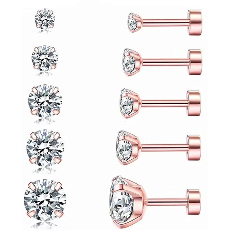 1 Pair/9 Pairs 18G Stainless Steel Ear Stud Piercing Barbell Studs Earrings round Cubic Zirconia Inlaid Body Jewelry for Women Girls Kids Christmas Present
