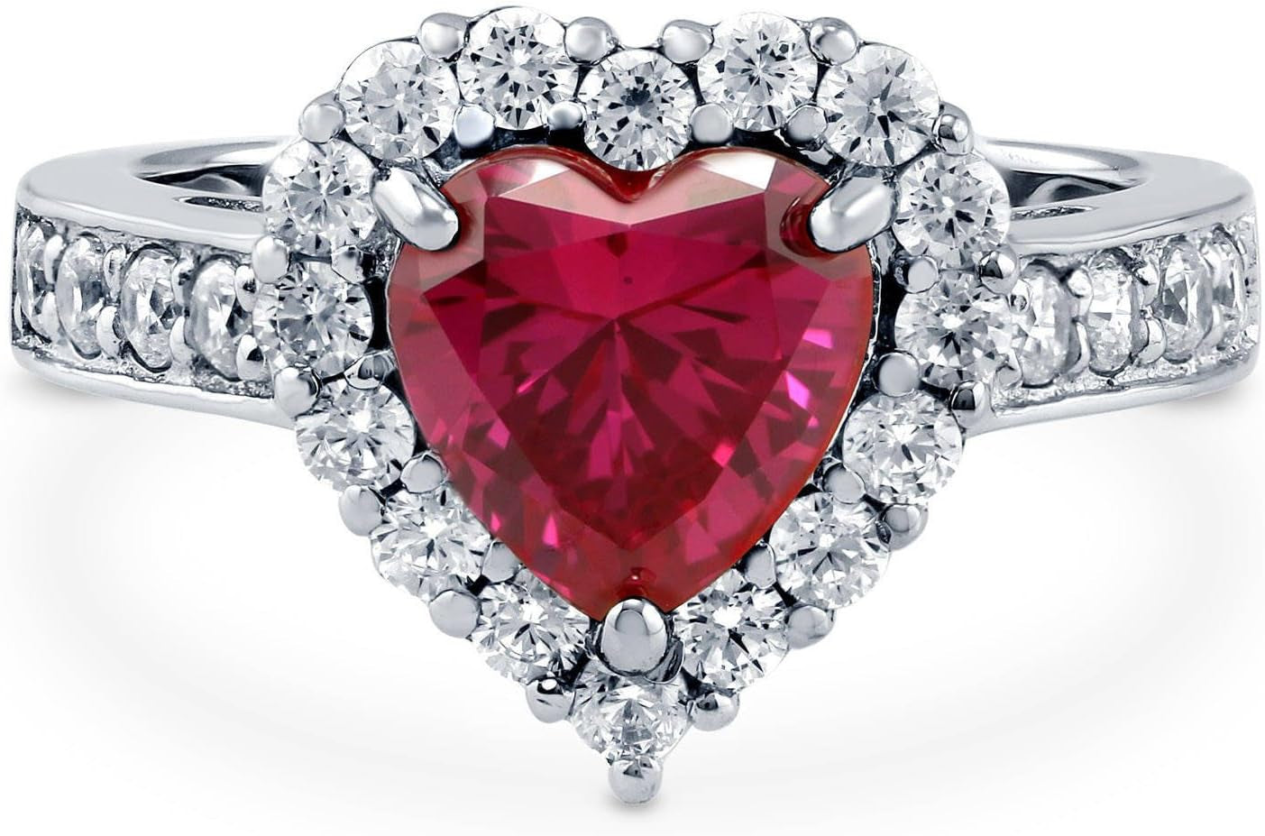 Sterling Silver Halo Wedding Engagement Rings Simulated Ruby Cubic Zirconia CZ Heart Cocktail Ring for Women, Rhodium Plated Size 4-10