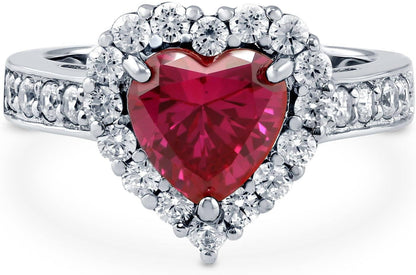 Sterling Silver Halo Wedding Engagement Rings Simulated Ruby Cubic Zirconia CZ Heart Cocktail Ring for Women, Rhodium Plated Size 4-10