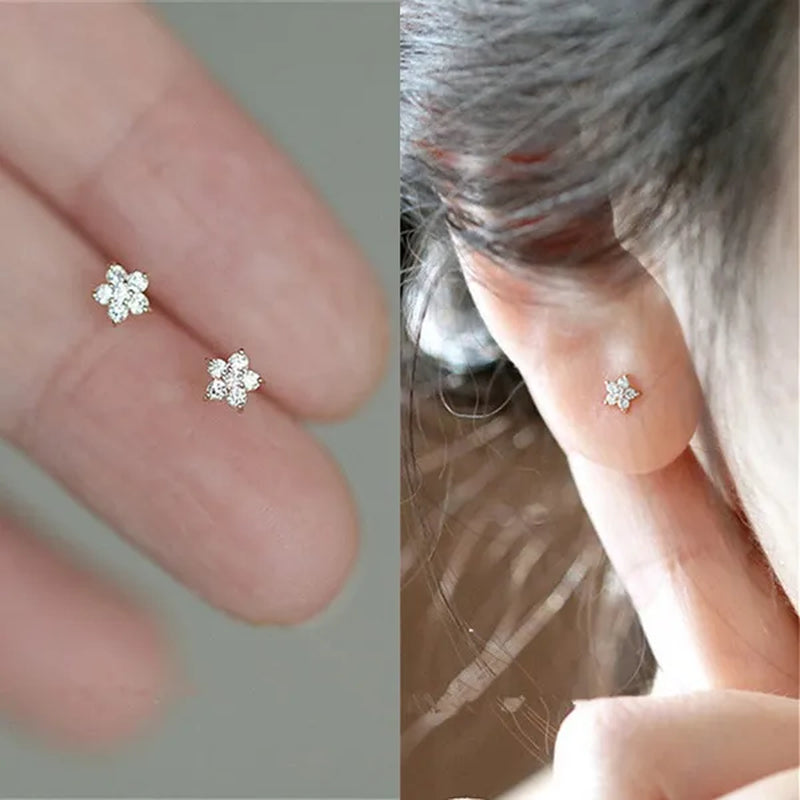 Round Cut Diamond Small Flower Stud Earrings for Women Daily Causal Accessories Girls Birthday Gifts Jewelry