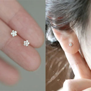 Round Cut Diamond Small Flower Stud Earrings for Women Daily Causal Accessories Girls Birthday Gifts Jewelry