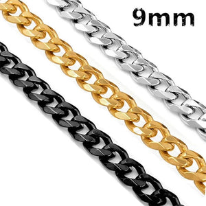 9mm Mens Boys New Fashion Silver/Gold/Black Stainless Steel Curb Chain Necklace Jewelry Wholesale 20-40" (51-102 cm)