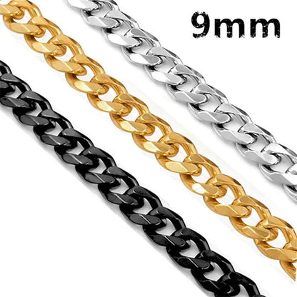 9mm Mens Boys New Fashion Silver/Gold/Black Stainless Steel Curb Chain Necklace Jewelry Wholesale 20-40" (51-102 cm)