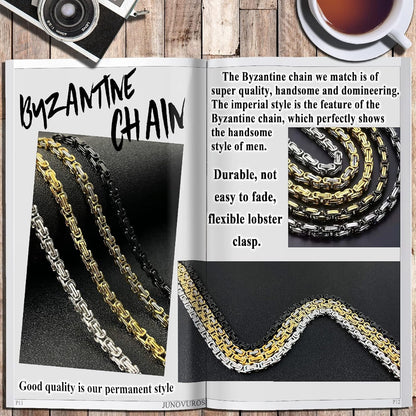 Stainless Steel Jesus Christ Cross Pendant Necklace for Men, 20 to 28 in Rolo/Byzantine Chain, 2 Sizes of Religious Jewelry with Silver/Gold/Black