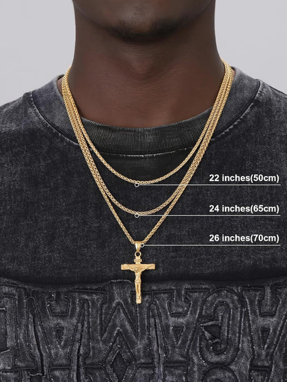 Men Crucifix Cross Pendant with Chain Baptism Christian Jewelry Stainless Steel/18K Gold Antique Jesus Necklace, Gift Packed,Length 22"