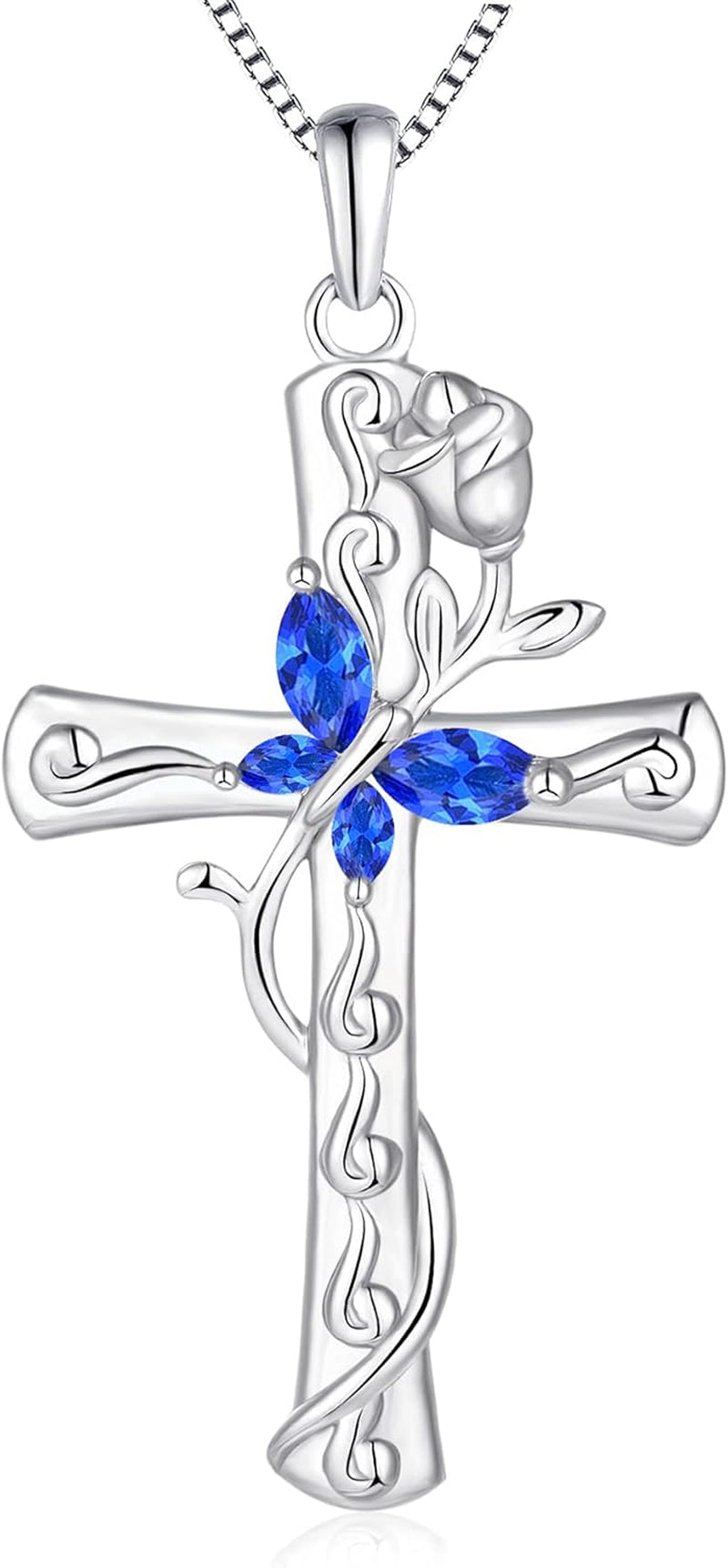 Butterfly Cross Necklace Sterling Silver Rose Flower Pendant Birthstone Jewelry for Women