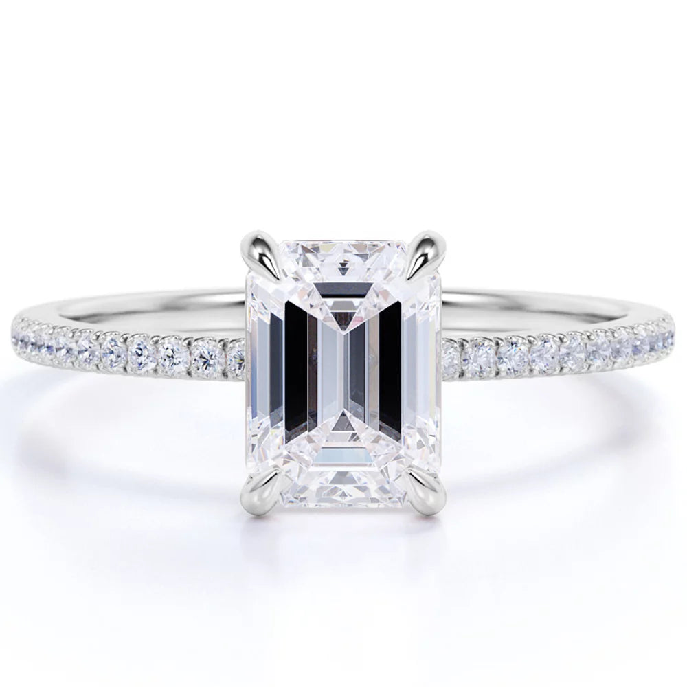 1.75 Carat Emerald Cut Moissanite and Diamond Pave Engagement Ring in 10K White Gold