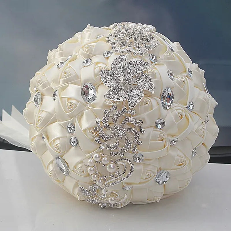 24CM Customized Silk Rose Wedding Bouquet Sapphire Blue Artificial Flowers Wedding Bridal Bouquet Luxury Crystal Pearl Brooch Bridesmaid Bride Holding Flowers