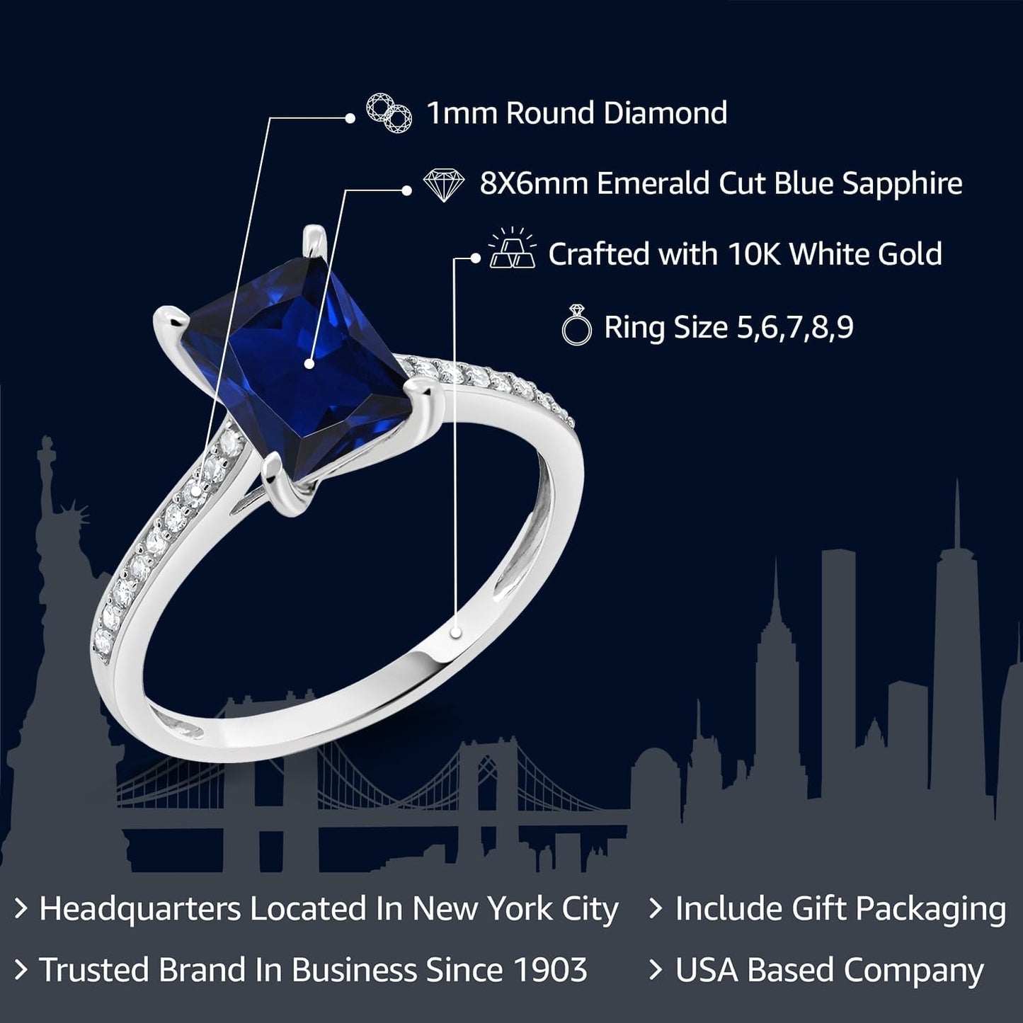 10K White Gold Emerald Cut 8X6MM Gemstone Birthstone and White Diamond Engagement Ring | Wedding Anniversary Promise Gold Ring for Women | Available in Size 5-9