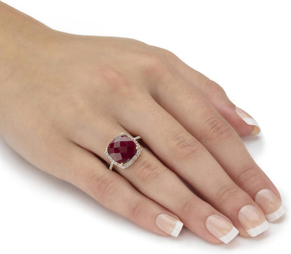 Palmbeach Jewelry Yellow Gold-Plated or Sterling Silver Cushion Genuine Red Ruby and round Genuine Topaz Halo Ring