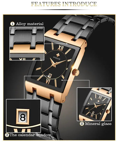 Relogio Masculino WWOOR Top Brand Luxury Stainless Steel Black Gold Men'S Square Watch Men'S Waterproof Quartz Wrist Watch Men