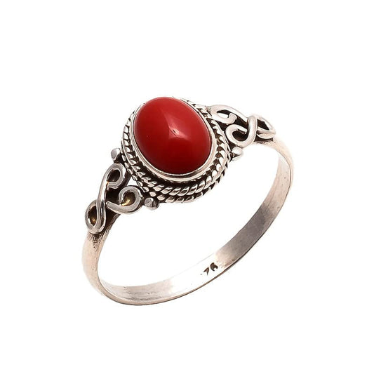 Red Coral Stone Ring 925 Sterling Silver Statement Ring for Women Handmade Rings Gemstone Christmas Promise Ring Size US 8 Gift for Her