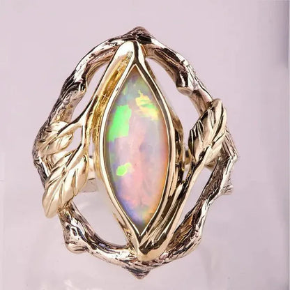 Vintage Style Women's Antique Silver Twig And Leaf Opal Ring Anniversary Gift Engagement Bridal Wedding Jewelry Rings Size 5-10