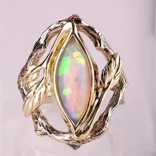 Vintage Style Women's Antique Silver Twig And Leaf Opal Ring Anniversary Gift Engagement Bridal Wedding Jewelry Rings Size 5-10