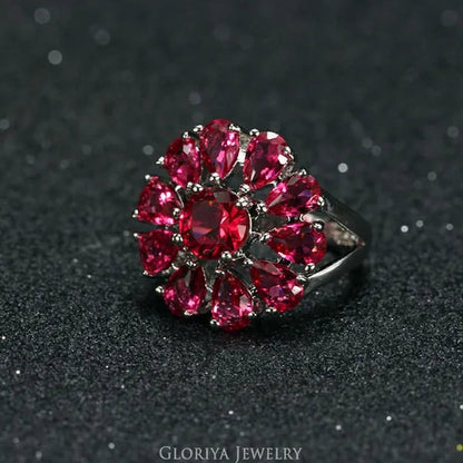 Gloriya Natural Mystic Purple Crystal Ring Cocktail Party Engagement Wedding Ring Silver Plated Jewelry Big Flower Fine Jewelry Women Ring Classic