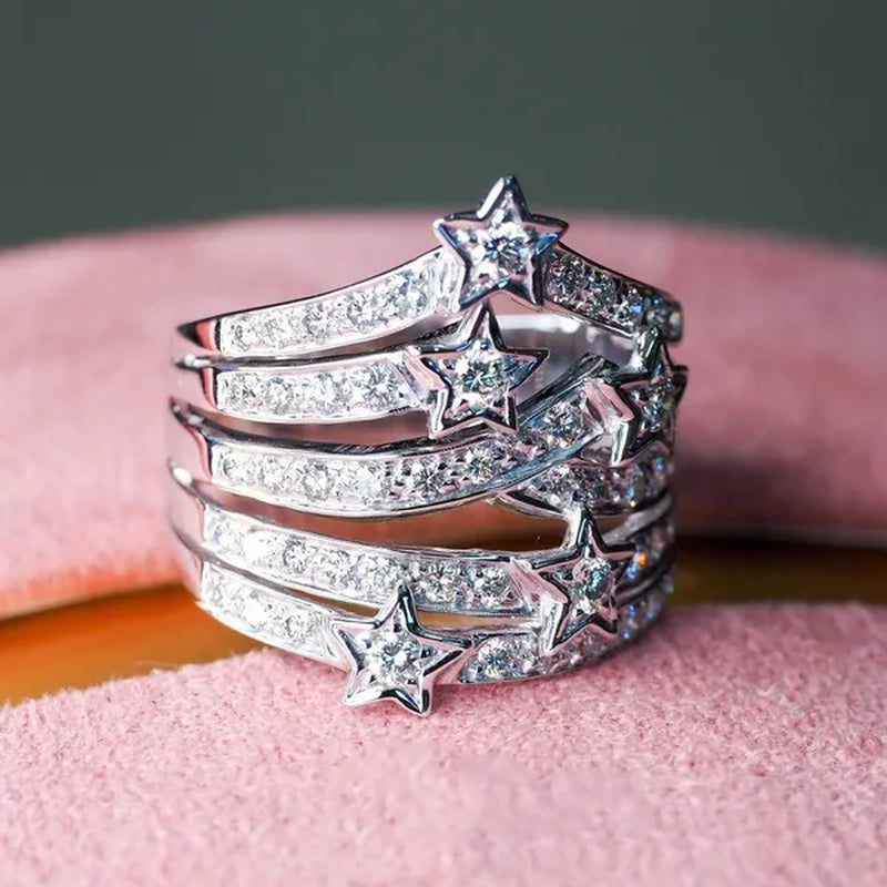 Sparkling 925 Sterling Silver Natural Gemstone White Sapphire Diamond Star Ring Bride Wedding Engagement Fine Jewelry
